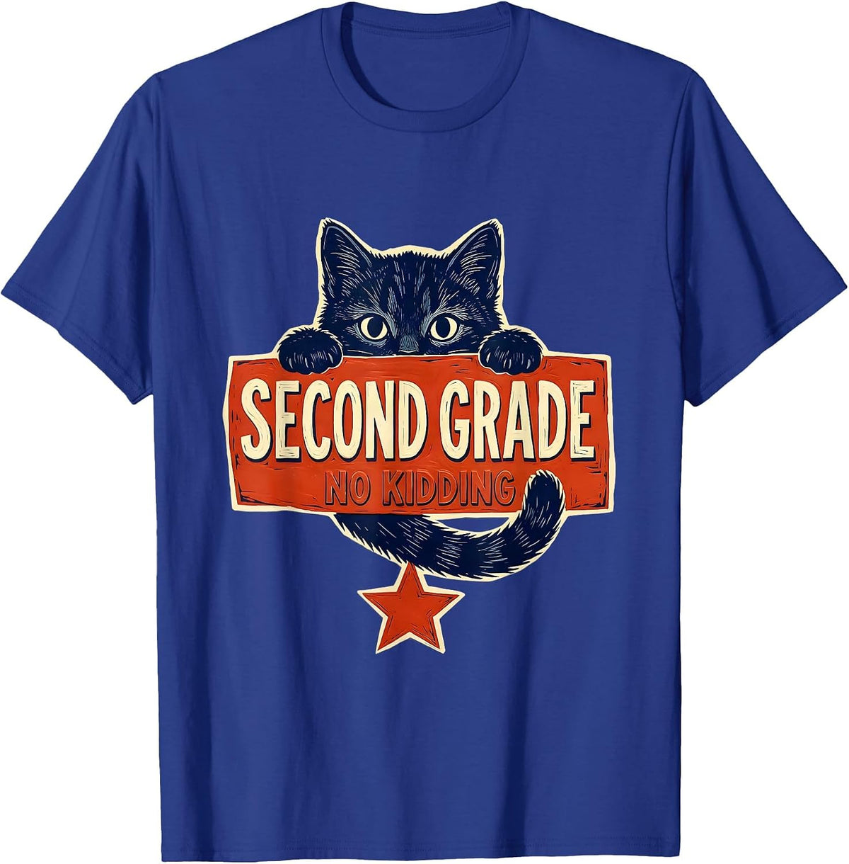 Men's Second Grade No Kidding Linocut Kitten Back To School Girls T-Shirt - Royal Blue