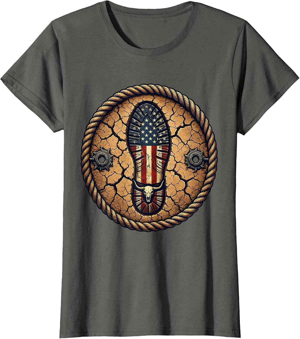Women's Soldier Boot Print Stamped in Earth Patriotic Tee T-Shirt - Asphalt Grey