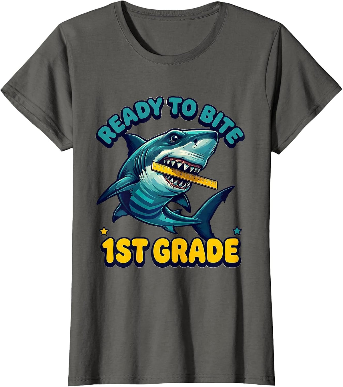 Women's Ready To Bite 1st Grade Bold Bubbly Shark Back To School T-Shirt - Asphalt Grey