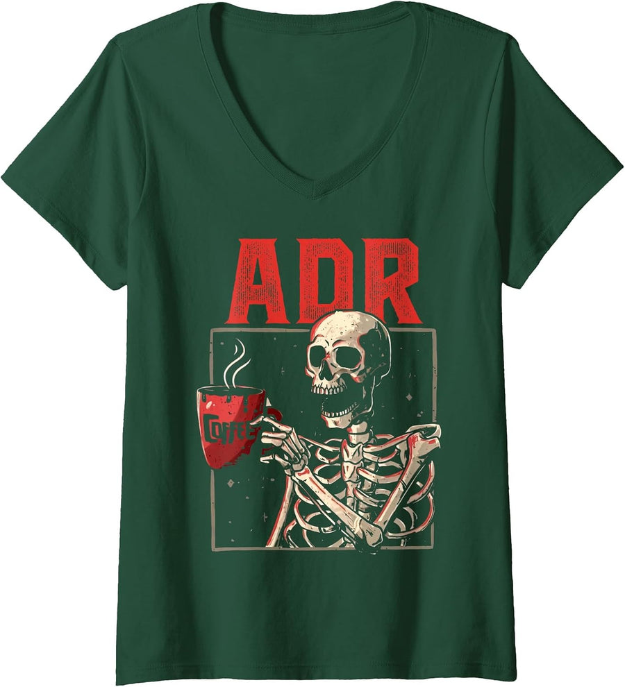 Women's Retro Skeleton ADR Vet Tech Veterinary Medicine Vet Crew V-Neck T-Shirt - Dark Green