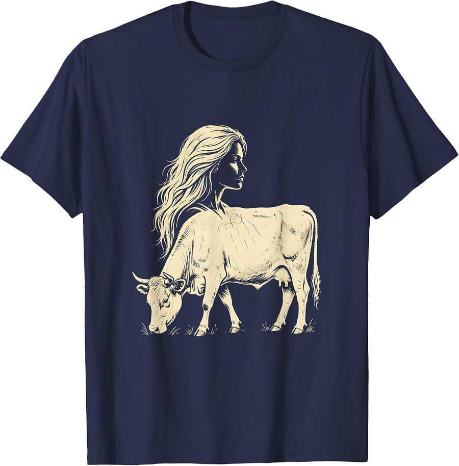 Cow Spirit Portrait Graphic Tee Silhouette Design T-Shirt - Navy Blue
