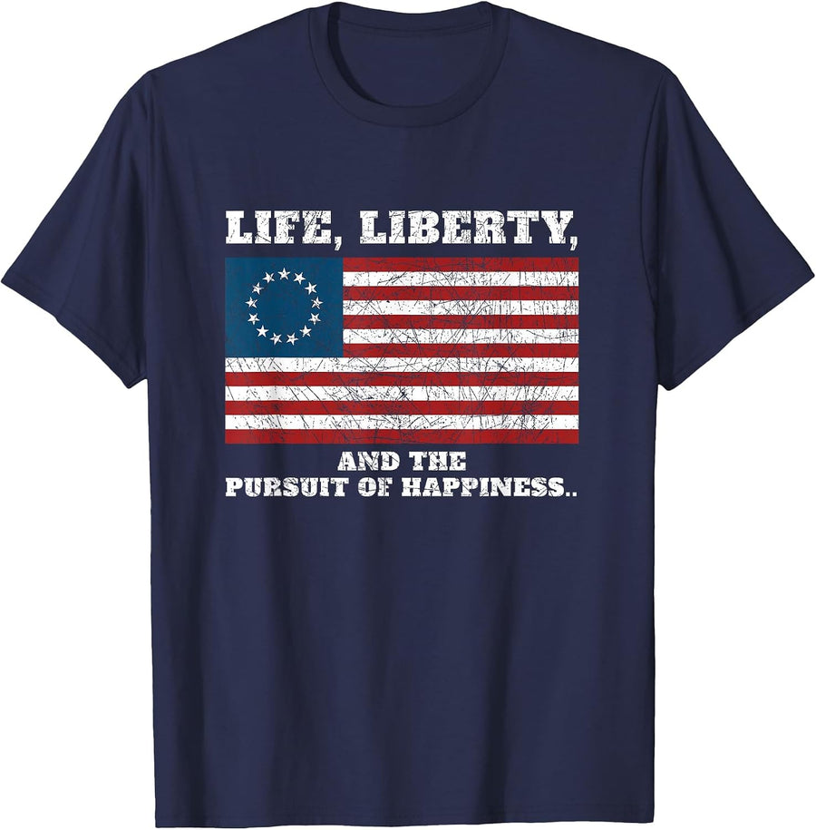 Betsy Ross Life Liberty and the Pursuit of Happiness Flag T-Shirt - Navy Blue