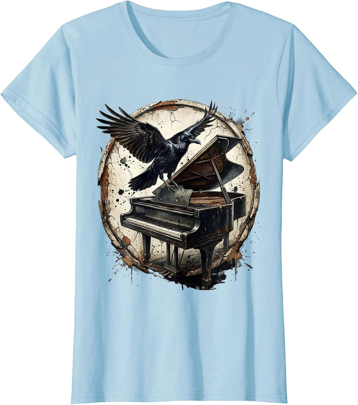 Women's Raven on Grand Piano Gothic Music Art T-Shirt - Baby Blue