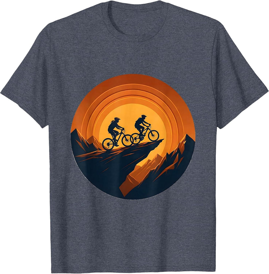Mountain Bike Sunset Silhouette Dad Cycling Gift T-Shirt - Heather Blue