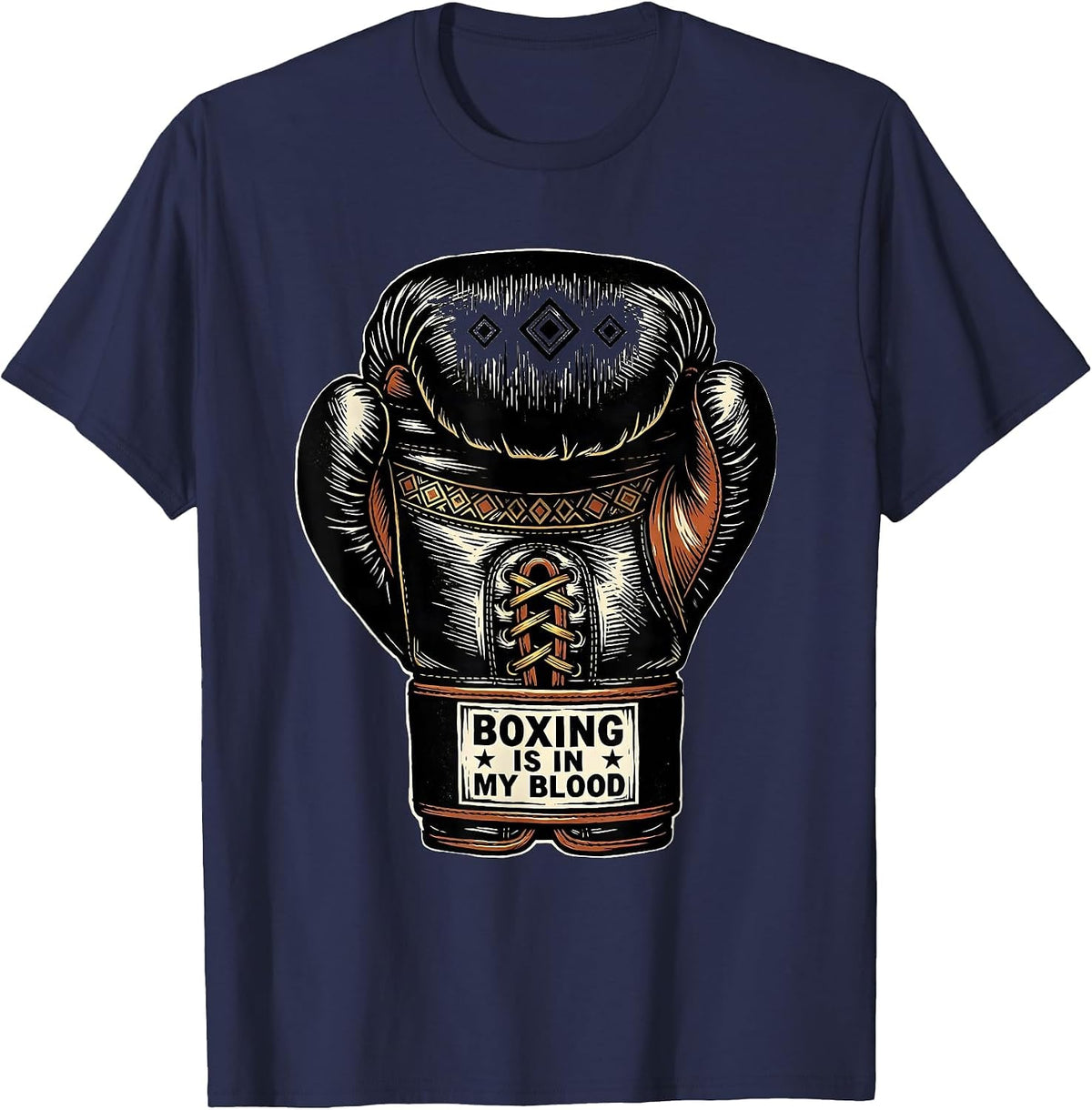 Boxing Is In My Blood Linocut Ancestral Boxing Fan Vintage T-Shirt - Navy Blue