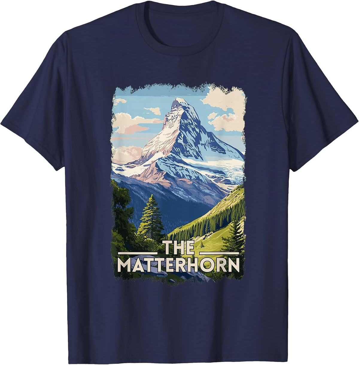 The Matterhorn Switzerland Italy Swiss Alps Retro Skiing T-Shirt - Navy Blue