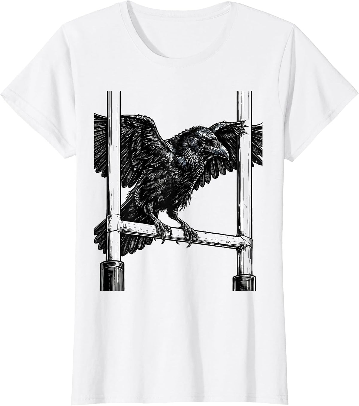 Crow on Rugby Goalposts Graphic Design T-Shirt - White