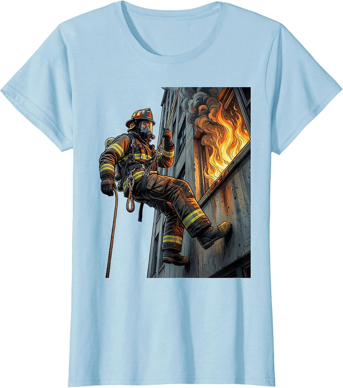 Firefighter Rappelling Down Building Graphic T-Shirt - Baby Blue