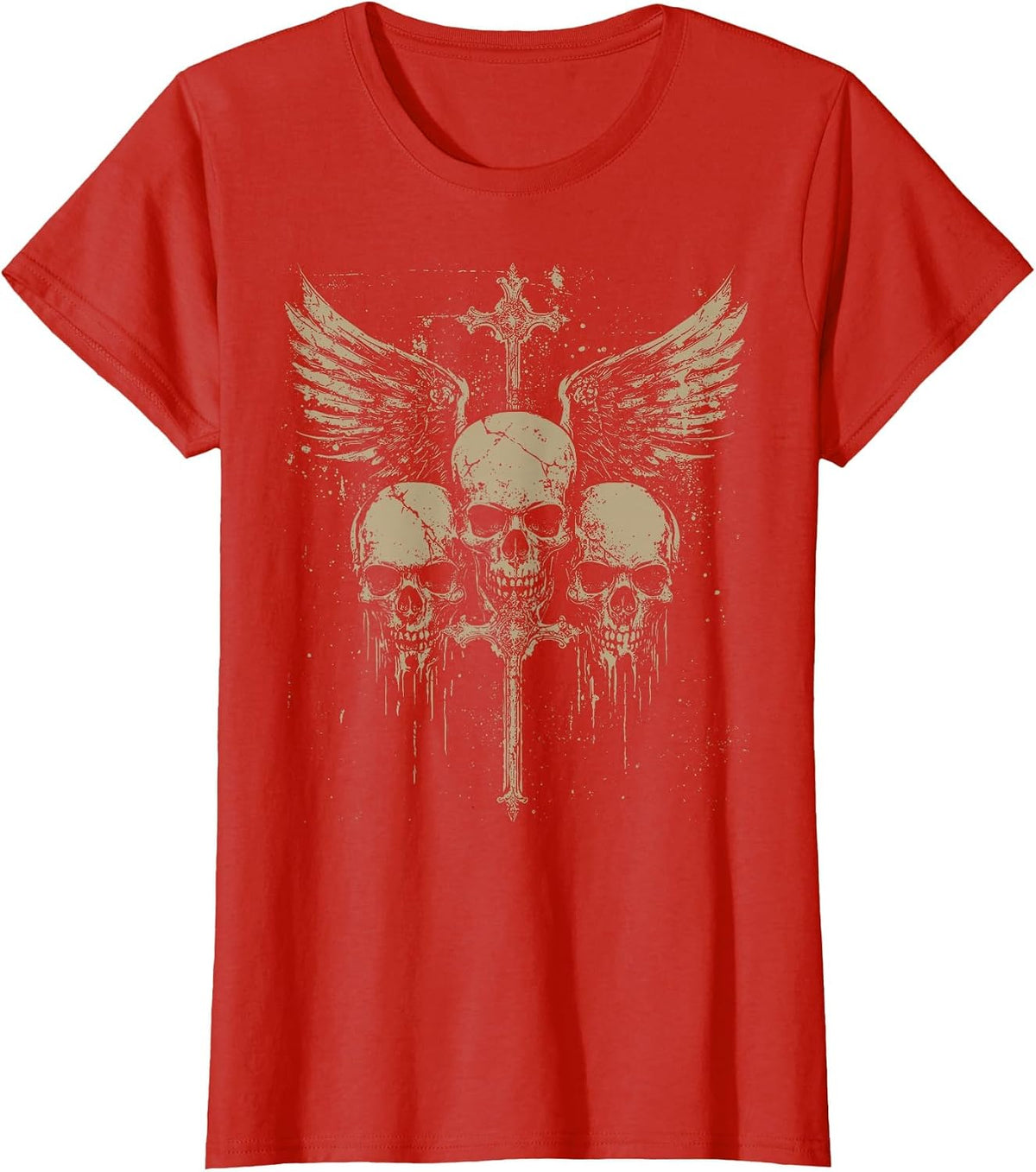 Skull Cross Y2K Grunge Aesthetic Old Goth Skull Cross Gothic T-Shirt - Red