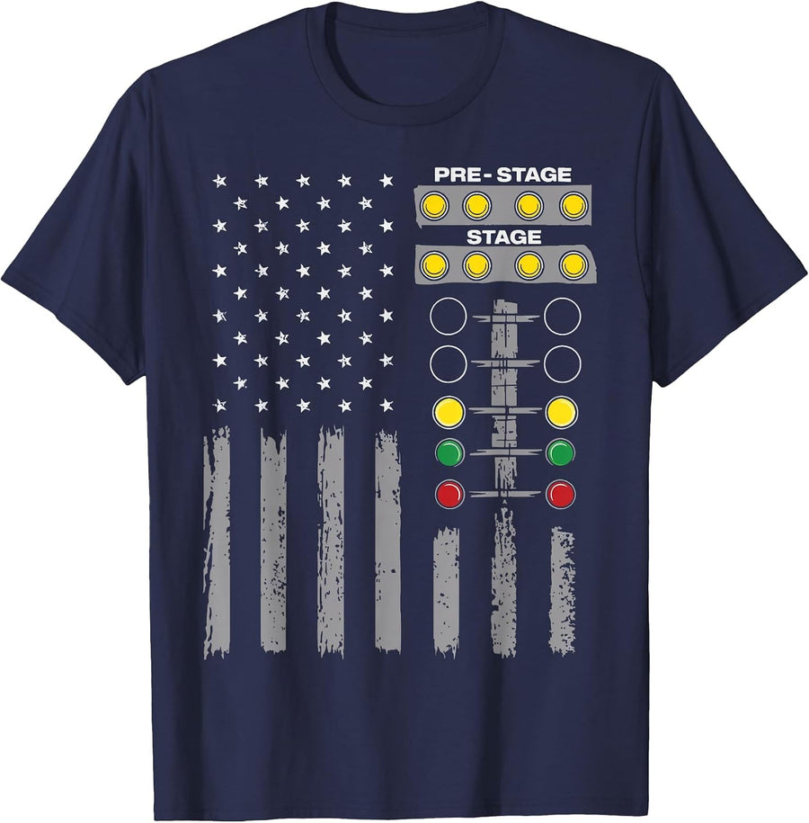 American Flag Drag Racing Strip Tree Light Dragster T-Shirt - Navy Blue