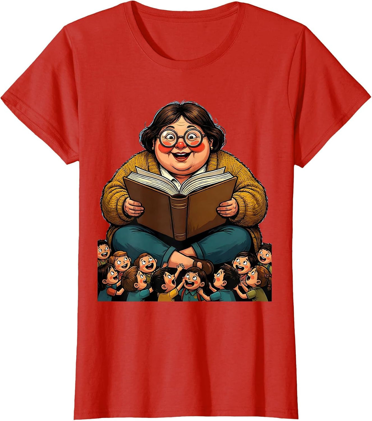 Cozy Teacher Reading Aloud to Tiny Students T-Shirt - Red