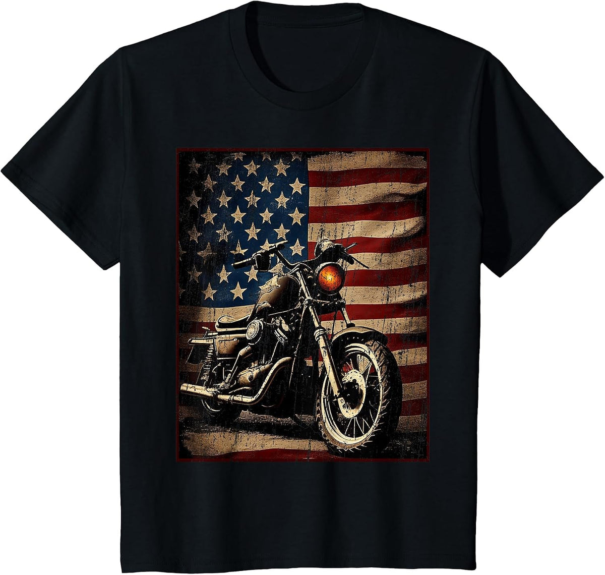 Motorcycle USA Flag Retro Biker T-Shirt - Black