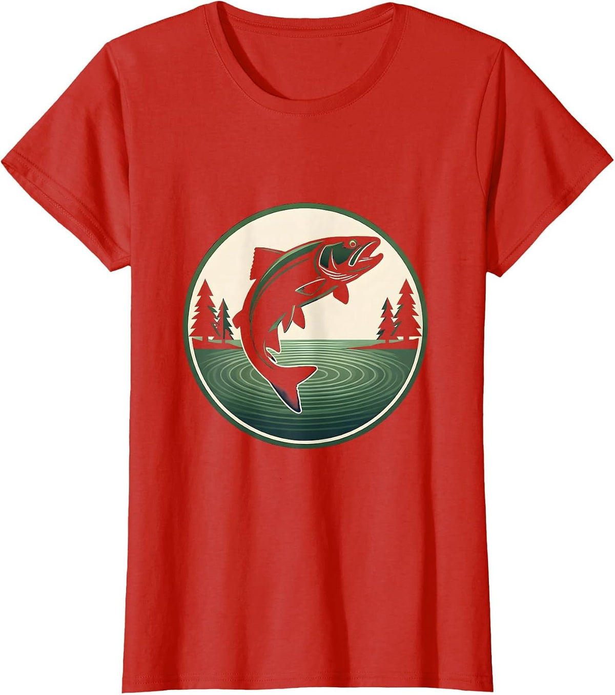 Trout Jump Pine Trees Fishing Illustration T-Shirt - Red