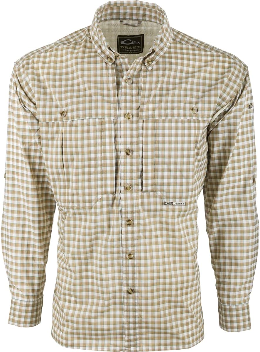DRAKE Waterfowl Men's FeatherLite Plaid Wingshooter's Quick-Drying Moisture-Wicking Long Sleeve Shirt - Brown Plaid