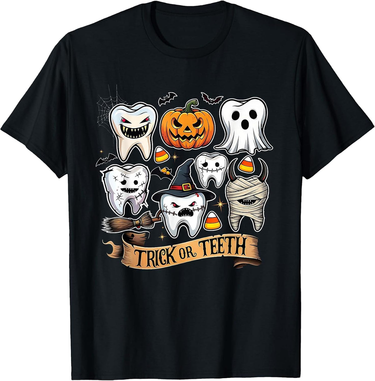 Trick or Teeth Funny Halloween Dentist Tooth Design T-Shirt - Black