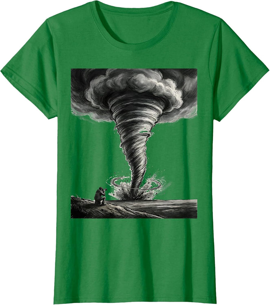 Women's Towering Tornado Funnel Monochromatic Weather Enthusiast T-Shirt - Kelly Green