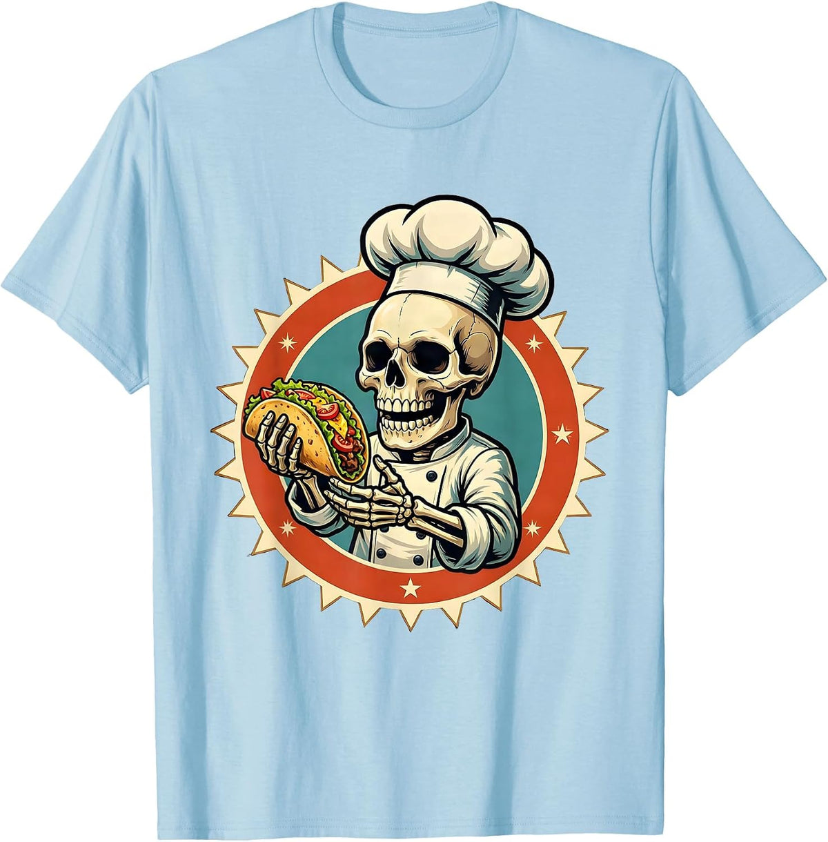 Men's Skeleton Chef Glowing Taco Illustration T-Shirt - Baby Blue