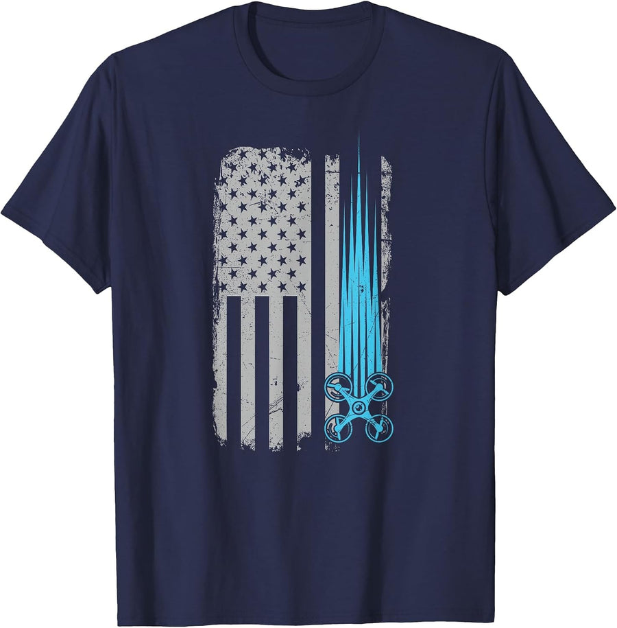 Drone Racing Distressed USA American Flag Quadcopter Pilot T-Shirt - Navy Blue