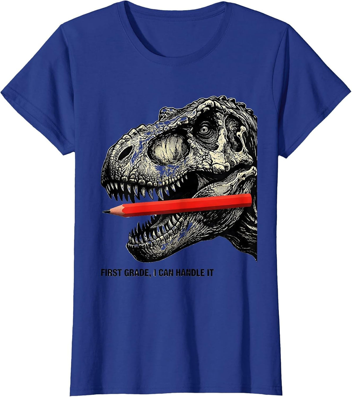 Women's First Grade I Can Handle It Playful Dinosaur Boy Back T-Shirt - Royal Blue