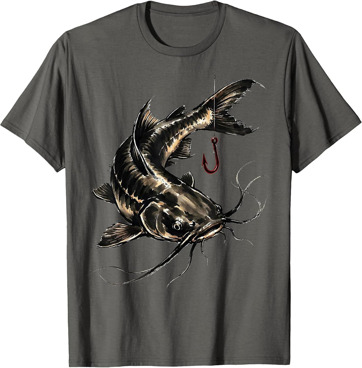 Catfish Ink Brush Christian Fishing Faith Gift T-Shirt - Asphalt Grey