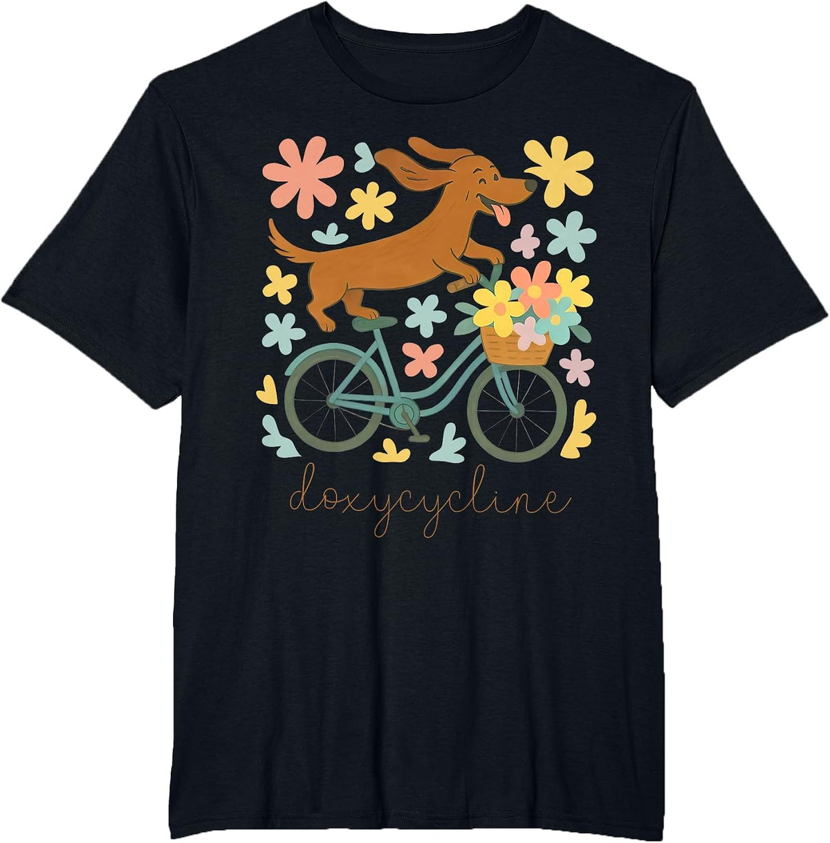 Doxycycline Pharmacy Pun Funny Dachshund on Bicycle Flower T-Shirt - Black