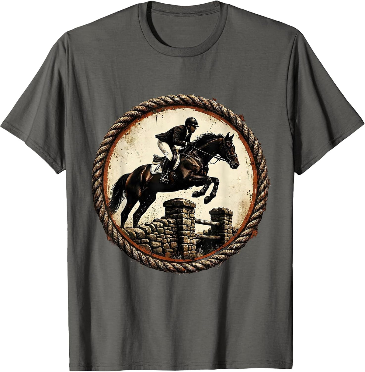 Horse and Rider Jumping Stone Fence Illustration T-Shirt - Asphalt Grey