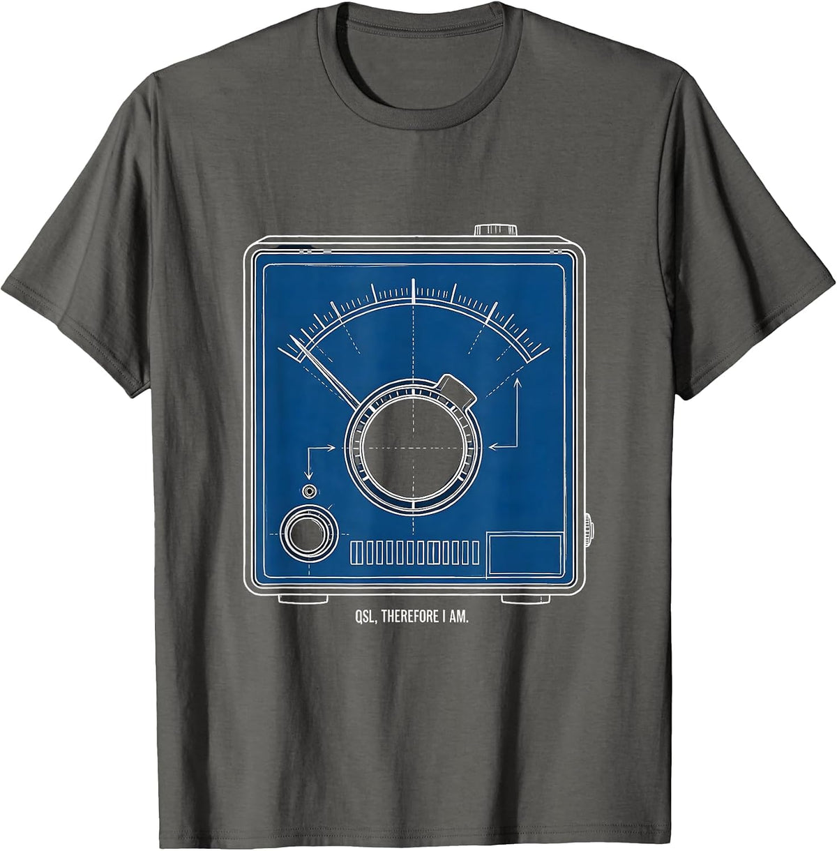 Men's QSL Therefore I Am Technical Blueprint Ham Radio Operator T-Shirt - Asphalt Grey