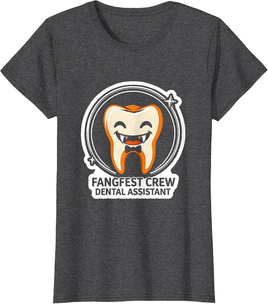Women's Fangfest Crew Dental Assistant Dental Squad Halloween Humor T-Shirt - Dark Heather Grey