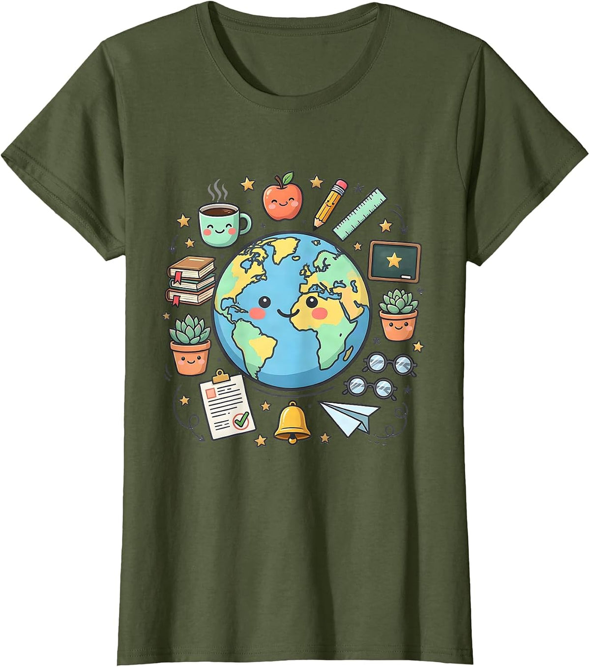 Women's 4th Grade Teacher Desk Globe Coffee Mug Gift T-Shirt - Olive Green