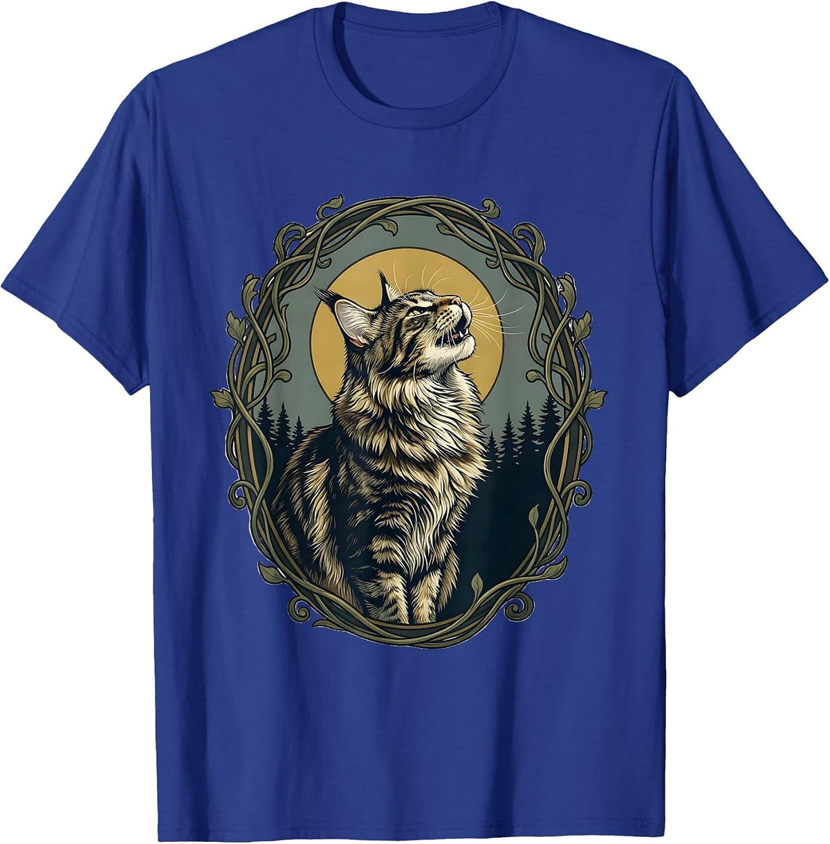 Men's Maine Coon Cat Howling at Moon Art Nouveau Whimsical T-Shirt - Royal Blue