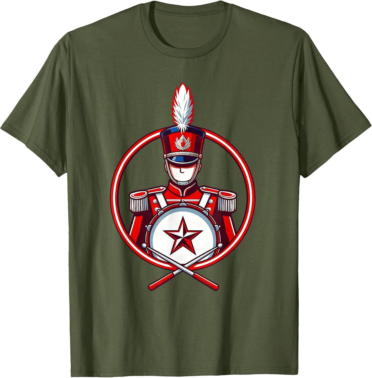 Kids Patriotic Drumline Parade Drummer Illustration T-Shirt - Olive Green