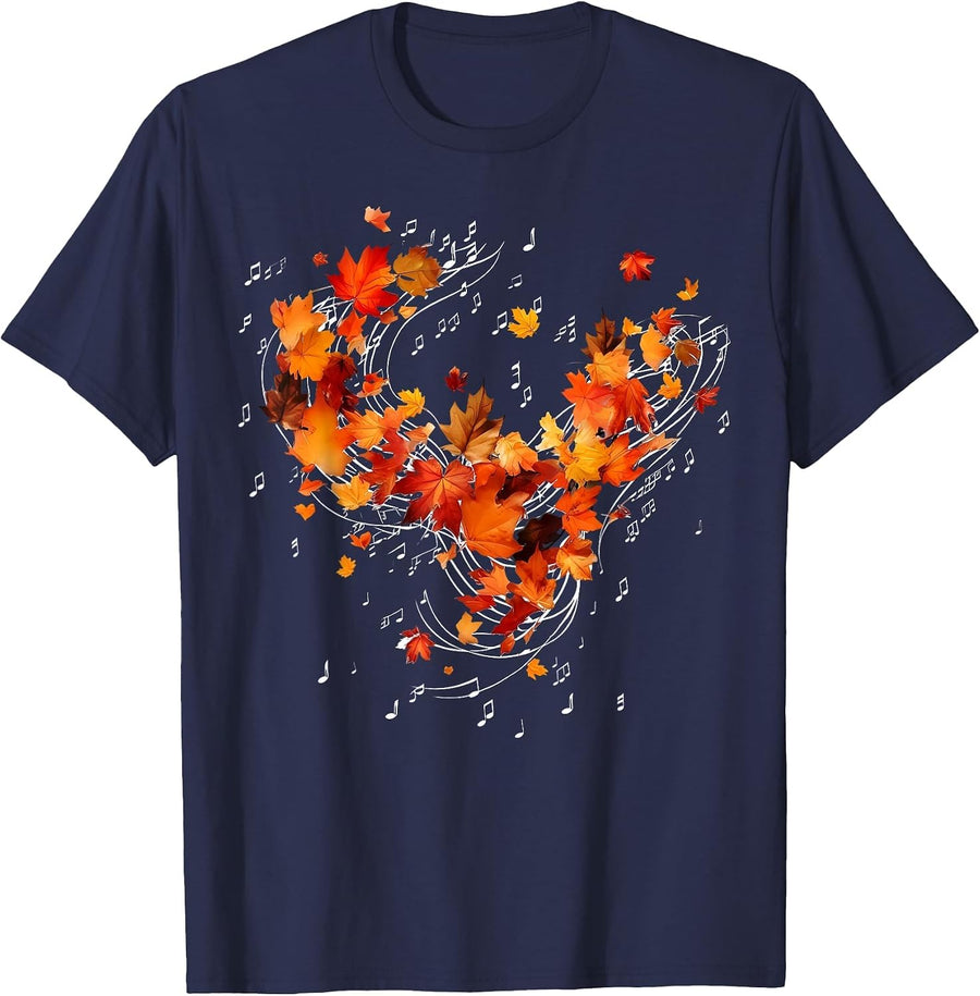Music Notes Autumn Fall Leaves Thanksgiving Day Musician T-Shirt - Navy Blue