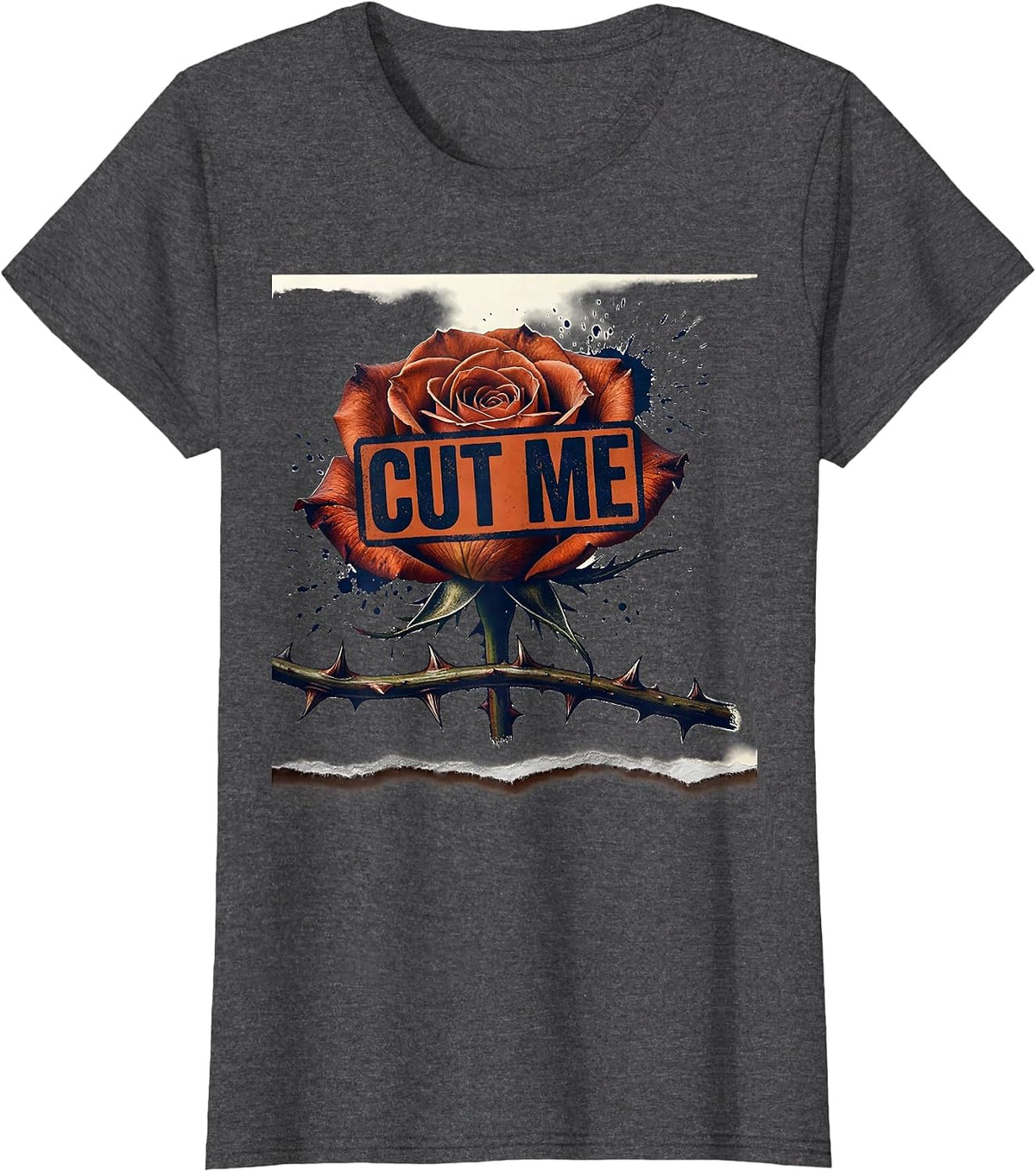 Women's Cut Me Pink Rose Rubber Stamp Gothic Floral Graphic T-Shirt - Dark Heather Grey