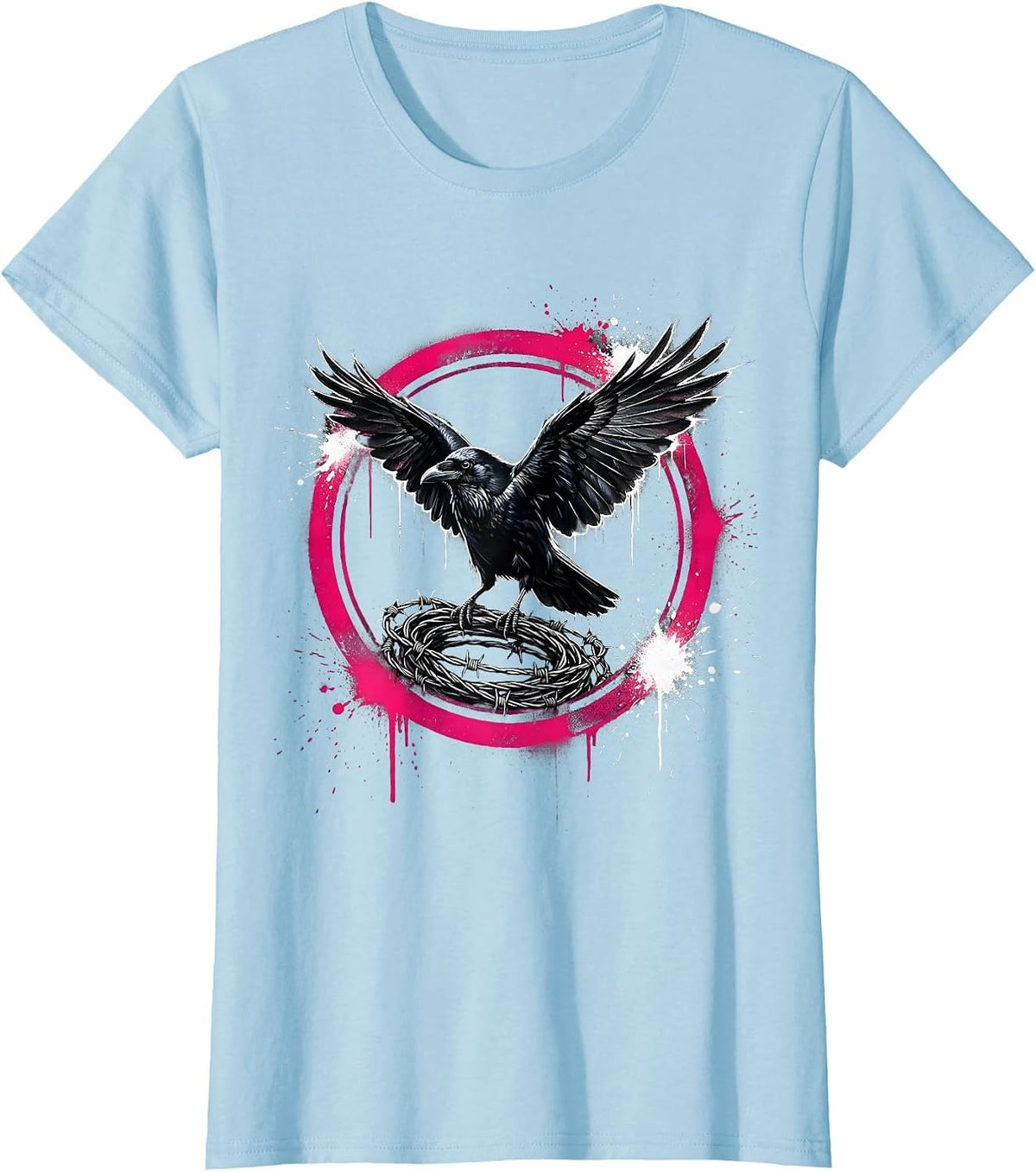 Women's Grunge Crow on Barbed Wire Illustration T-Shirt - Baby Blue