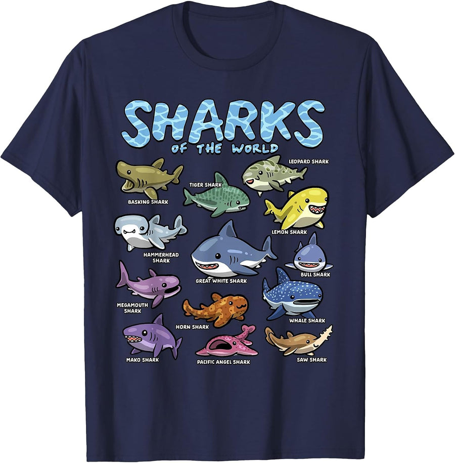 Shark Shirt Sharks Sea Animals of the World Shark Lover T-Shirt - Navy Blue