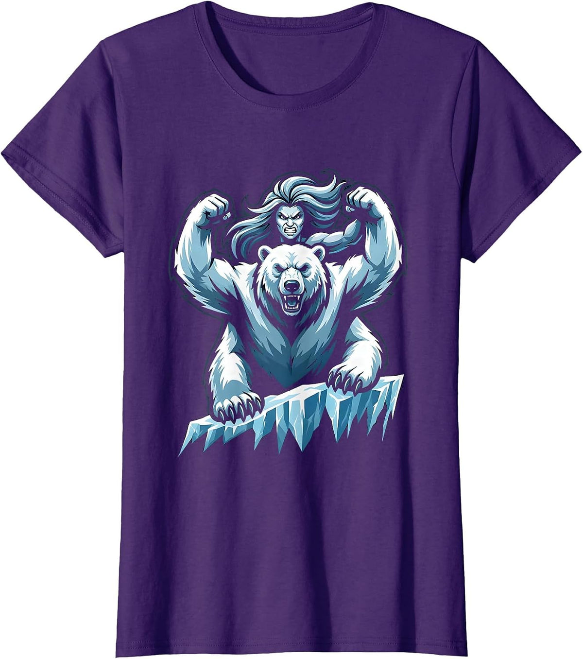 Women's Woman and Polar Bear on Icy Arctic Cliff T-Shirt - Purple