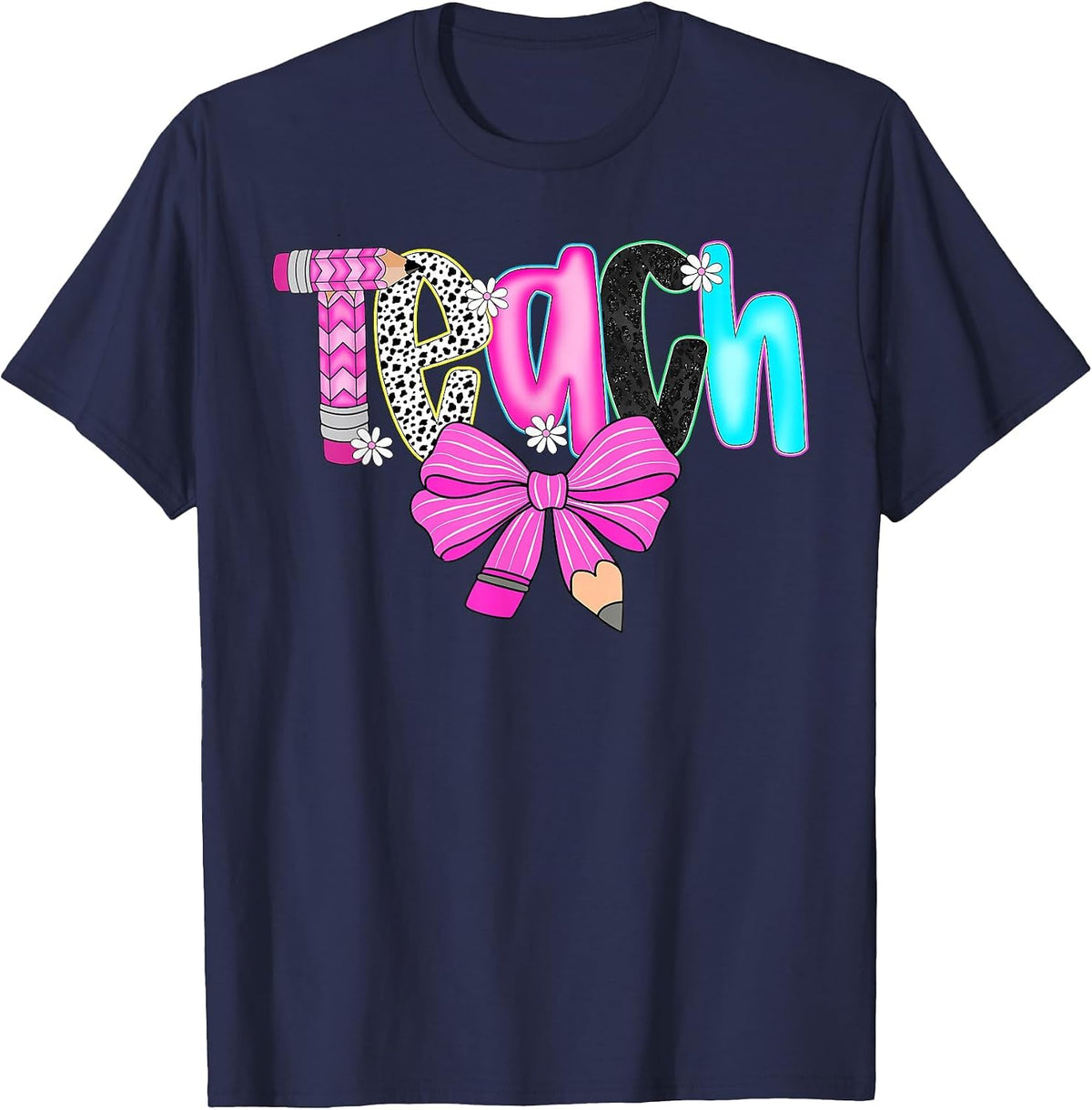 Teach Teacher Coquette Bow Pencil First Day Back to School T-Shirt - Navy Blue