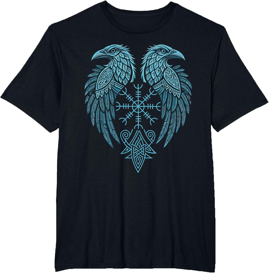 Aegishjalmur - Norse Symbol - Huginn & Muninn Viking Raven T-Shirt - Black