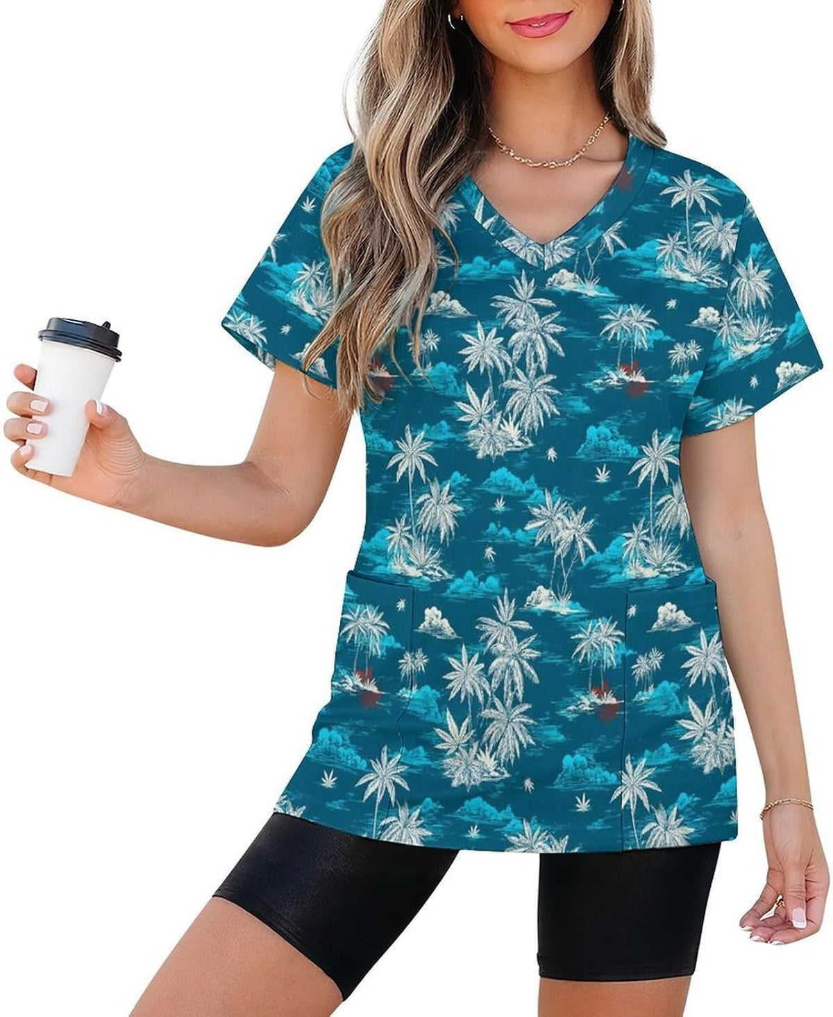 Womens Scrubs V Neck Cozy Fit Nurse Medical Shirts with 2 Pockets - White Palm Trees a