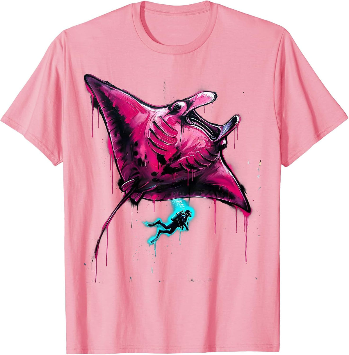 Men's Scuba Diver and Manta Ray Ocean Freedom Design T-Shirt - Pink