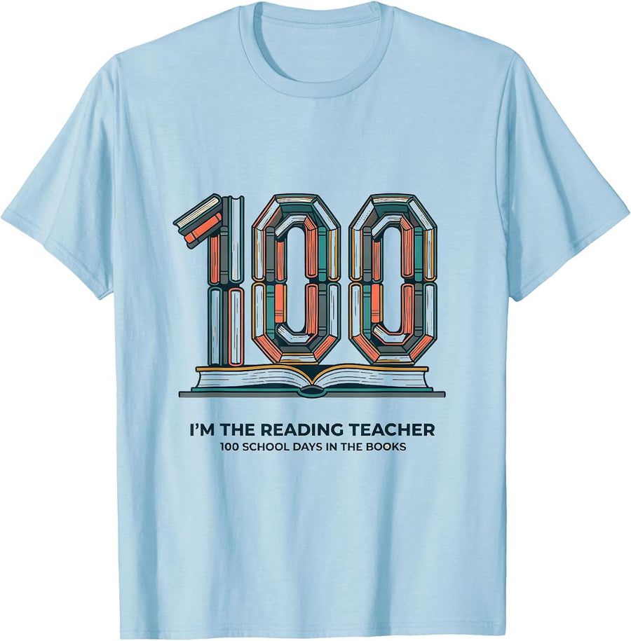 Men's I'm The Reading Teacher, 100 School Days In The Books T-Shirt - Baby Blue