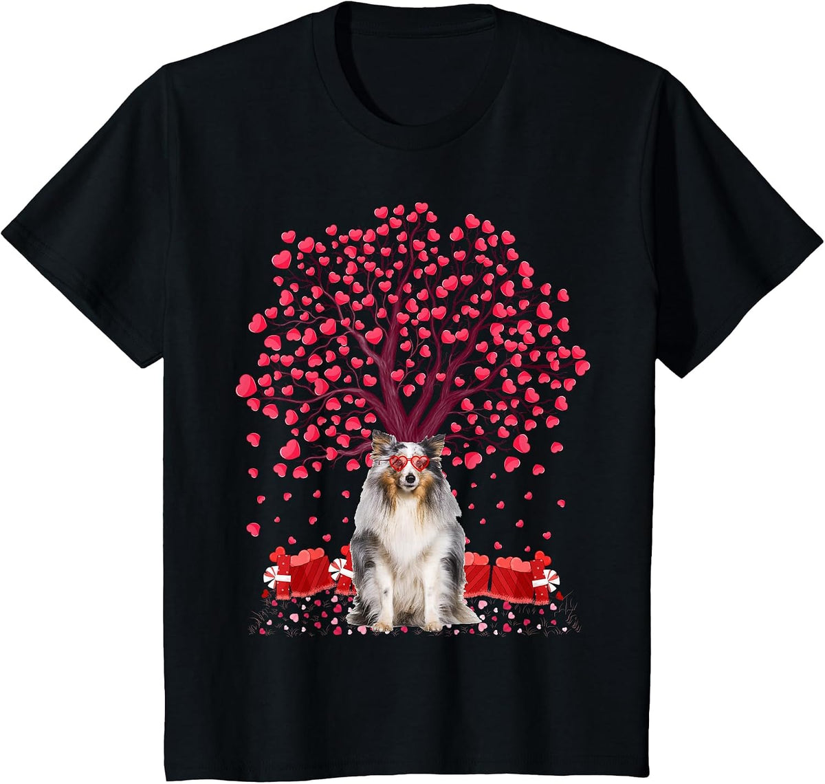 Sheltie Dog Lover Heart Tree Sheltie Valentine's Day T-Shirt - Black