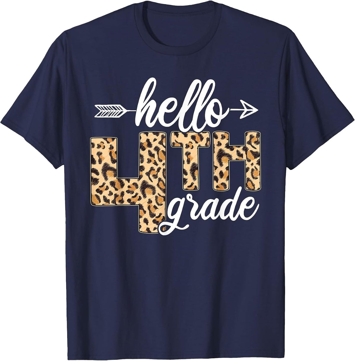 Hello 4th Fourth Grade Leopard Back to School Teacher Kid T-Shirt - Navy Blue