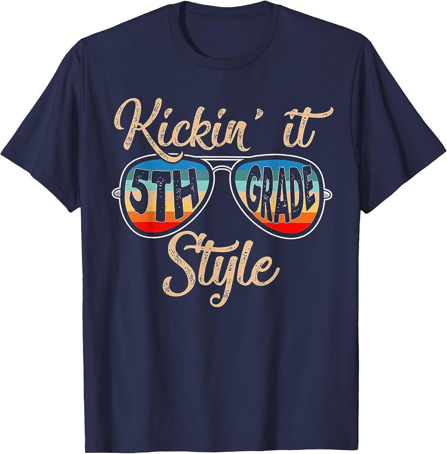 Retro Vintage Kickin' It 5th Grade Sunglasses T-Shirt - Navy Blue