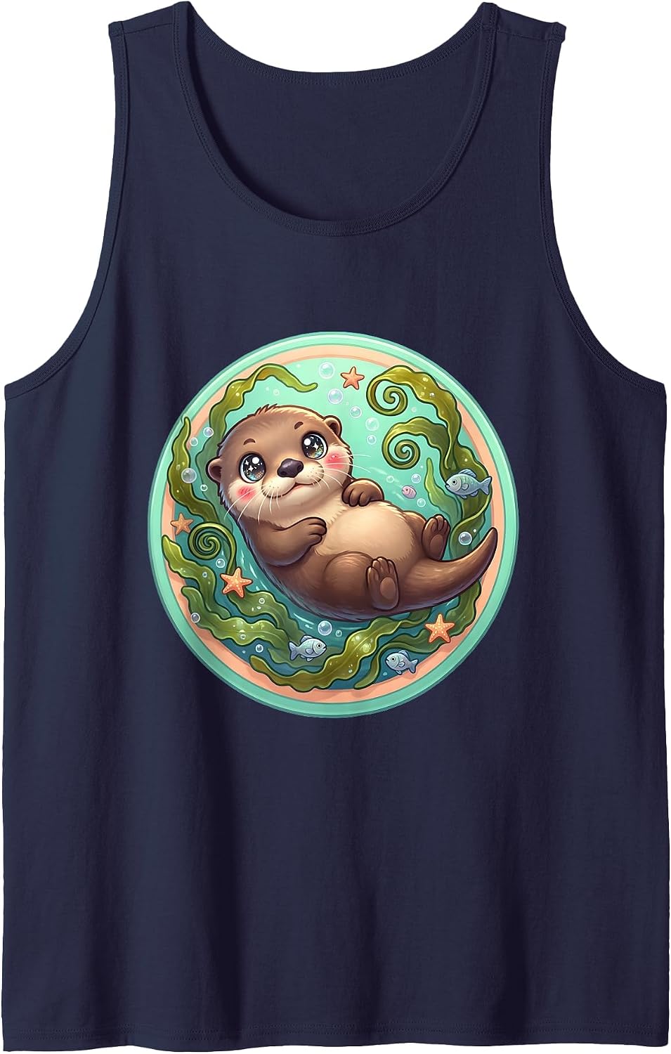Otter Wrapped in Kelp Forest Underwater Art Tank Top - Navy Blue