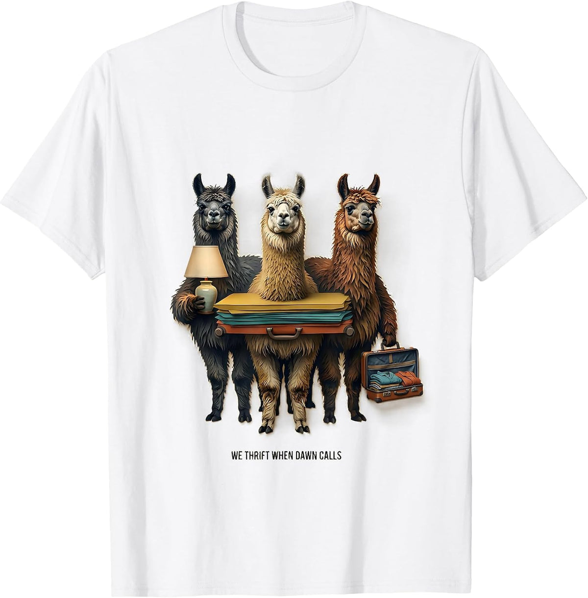 Men's We Thrift When Dawn Calls Paper Cutout Llama Thrifting Humor T-Shirt - White
