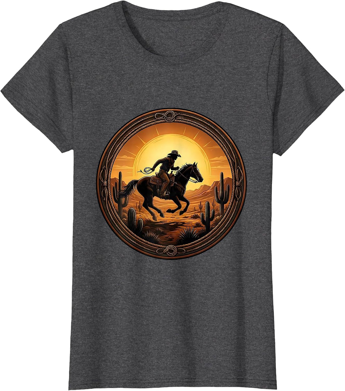 Women's Cowboy Riding Horse at Sunset Graphic T-Shirt - Dark Heather Grey