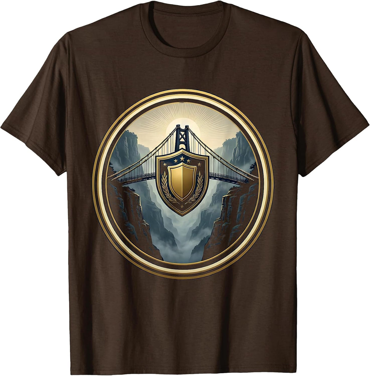 Rope Bridge Over Misty Gorge Freedom Design T-Shirt - Brown