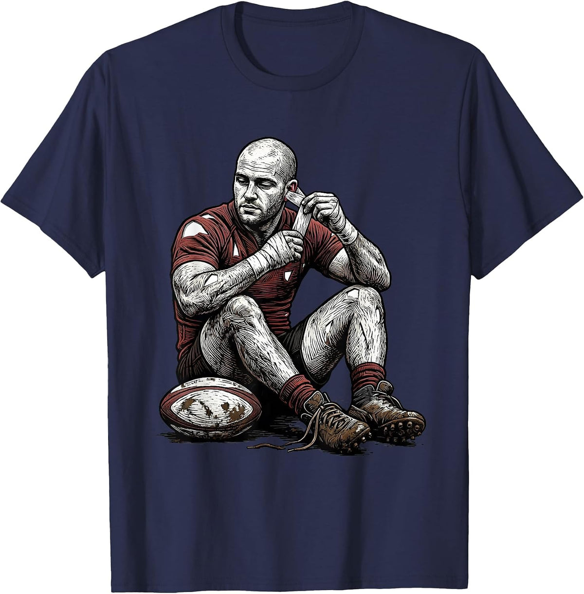 Men's Rugby Cauliflower Ear Woodcut Engraving Humor T-Shirt - Navy Blue