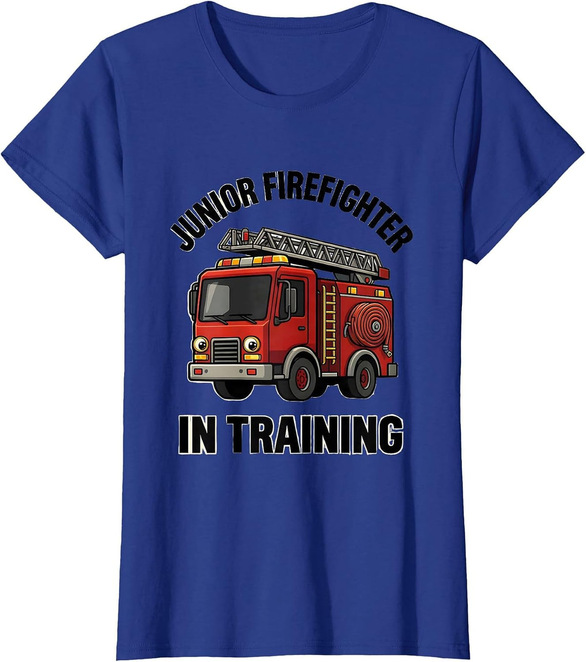 Women's Junior Firefighter In Training Bold Cartoon Fire Truck Kids T-Shirt - Royal Blue
